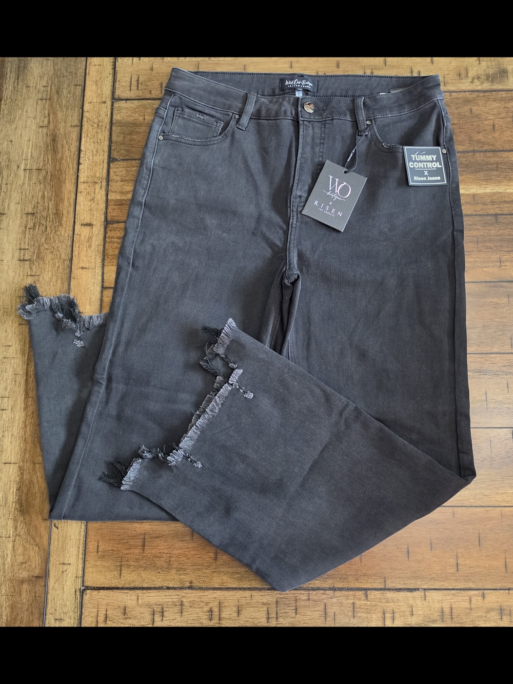 Risen Black Tummy Control Cropped Frayed-Hem Jeans
